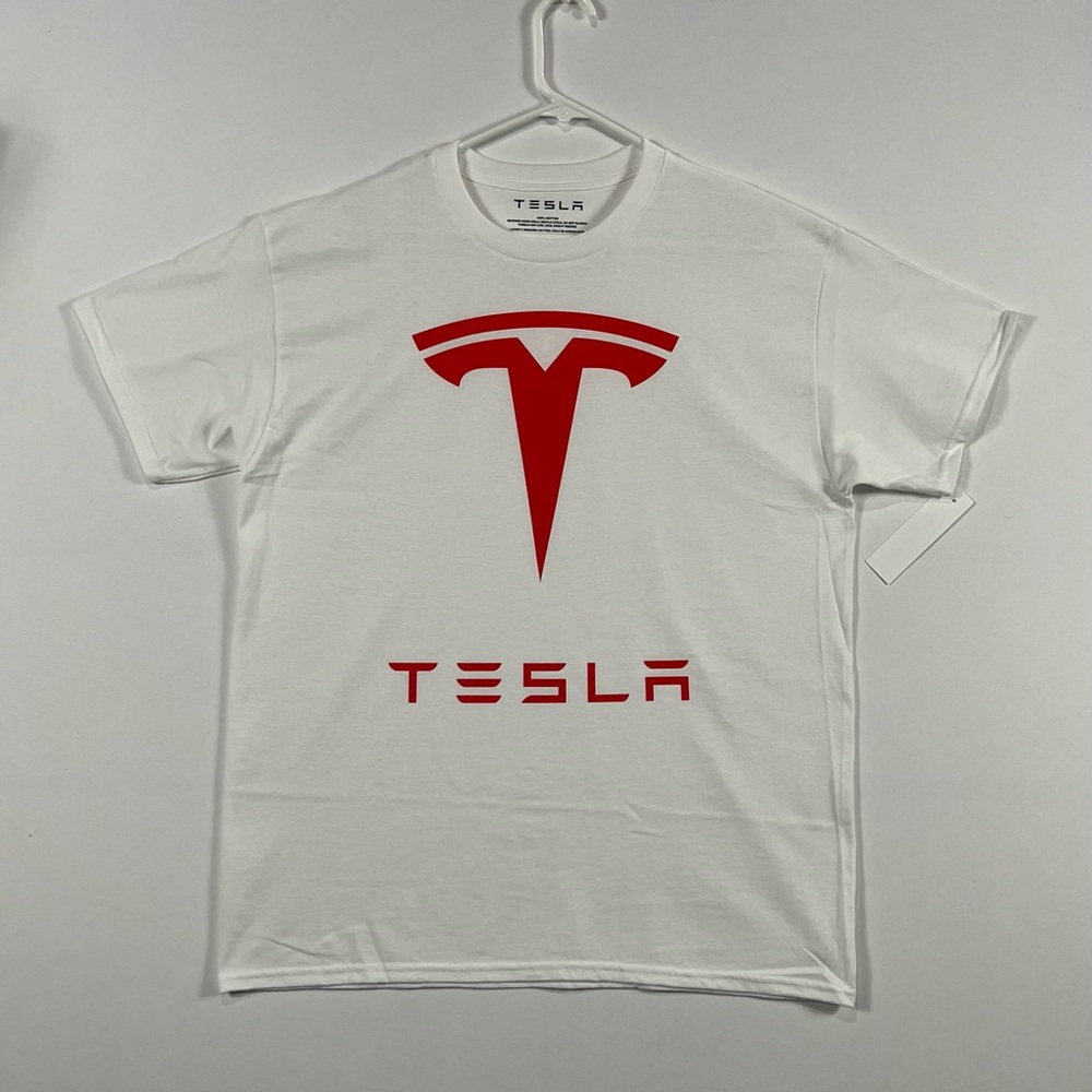 Tesla Red Logo White Tee, Adult T-Shirt, CyberTruck Badge, BRAND NEW CONDITION